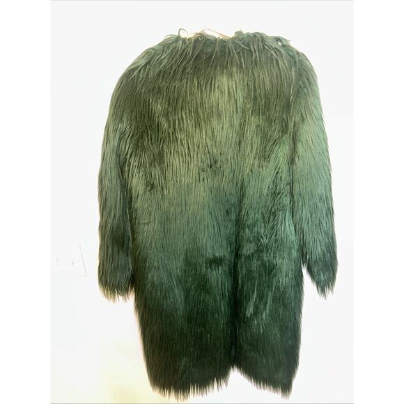 Boohoo Long Faux Fur Coat Green Size 8 Shaggy Open Front Glam Jacket Winter Chic - Picture 4 of 7